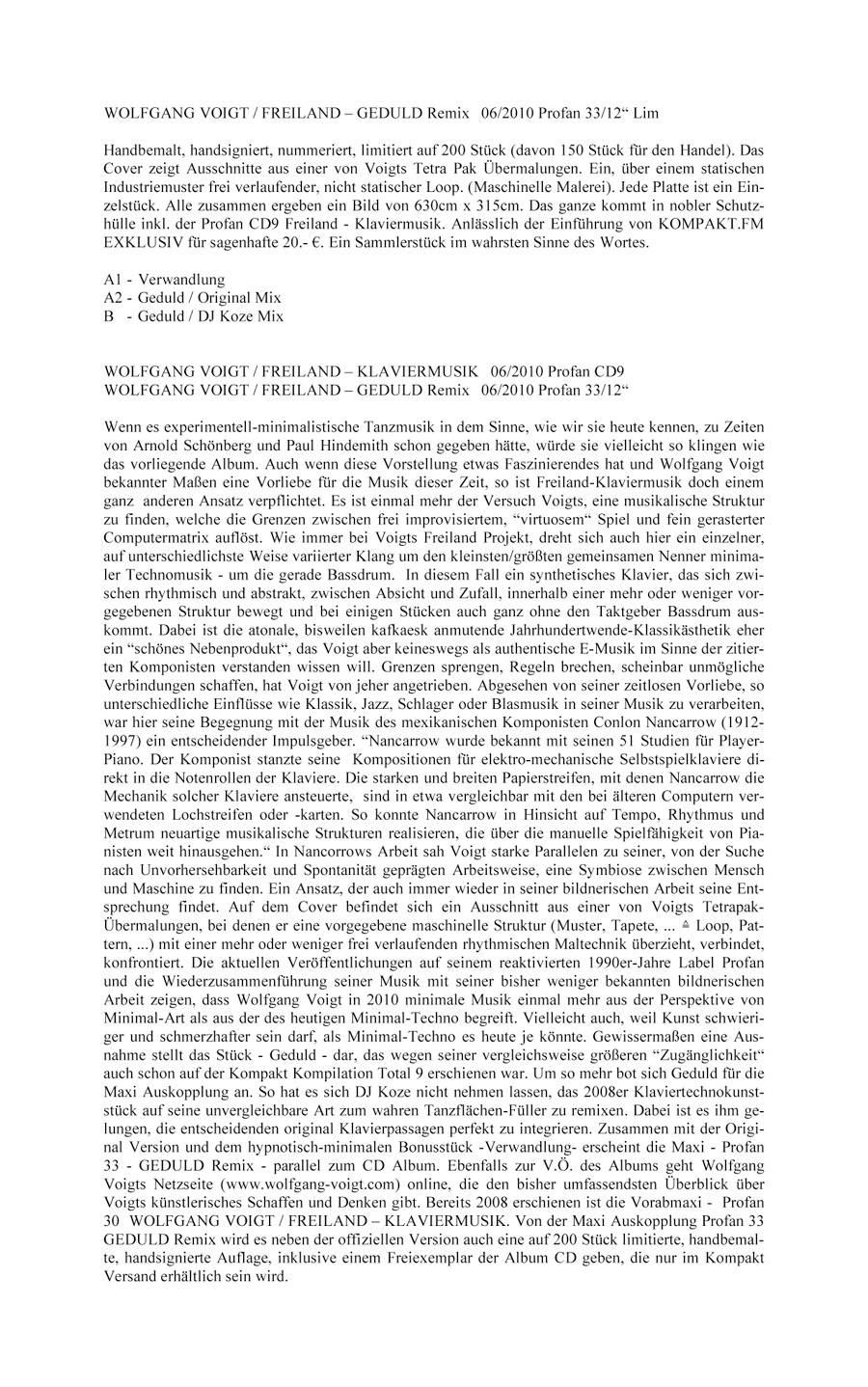 WOLFGANG VOIGT / FREILAND - GEDULD REMIX LIM INFOTEXT