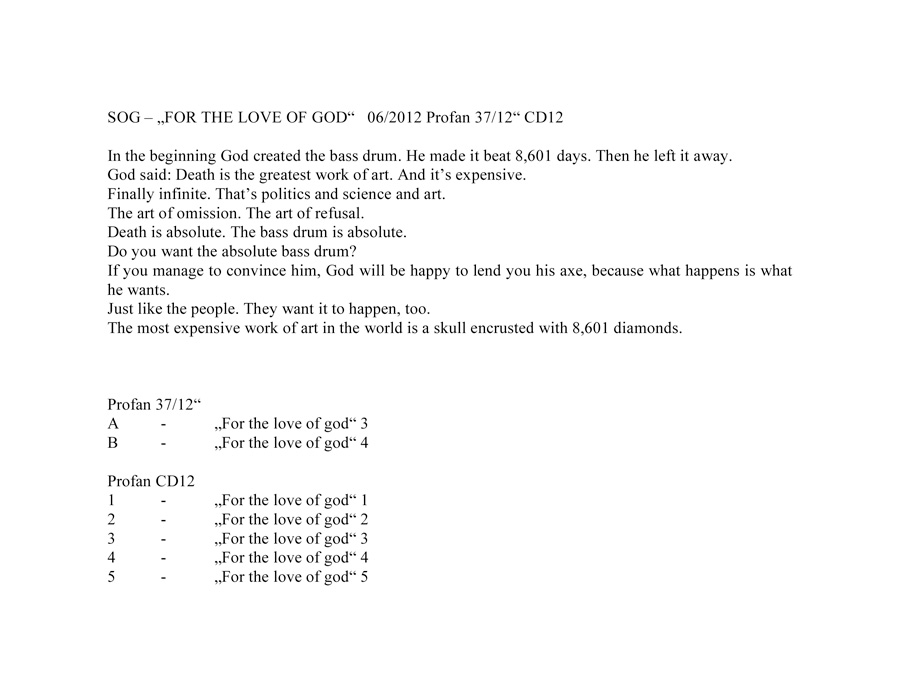 SOG - „FOR THE LOVE OF GOD“ PROFAN 37/12" INFOTEXT
