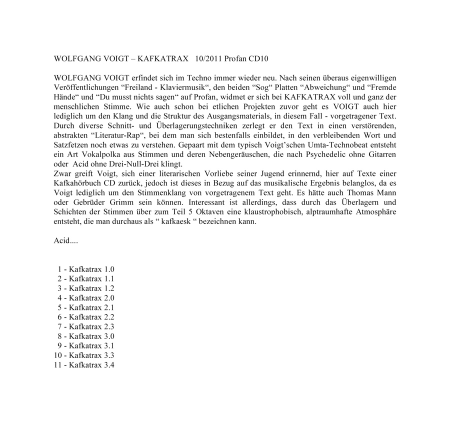 WOLFGANG VOIGT - KAFKATRAX INFOTEXT